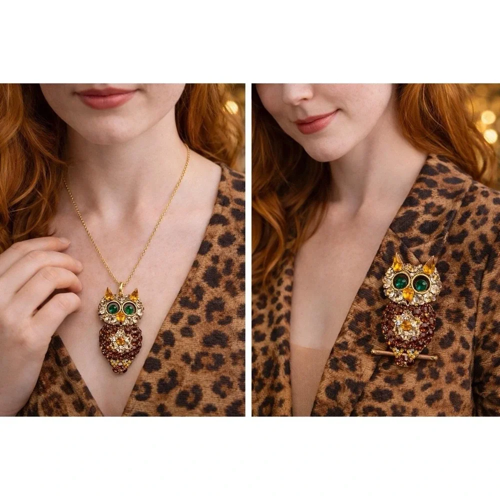 Hoot Owl Brooch Pendant Rhinestone Figural‎ Bling Amber Tone Statement Pin 2.5🦉